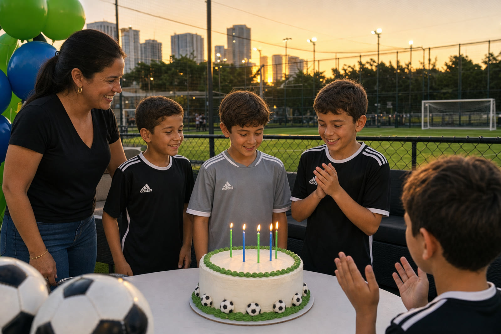 Kids celebrating a birthday with cake at 74 Soccer