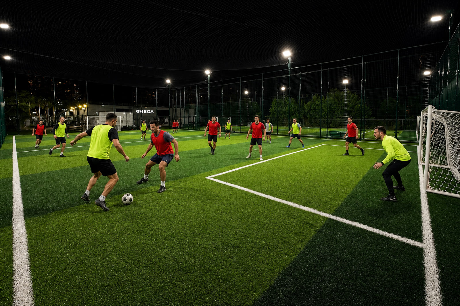 Night pickup soccer game at 74 Soccer with teams in yellow and red bibs